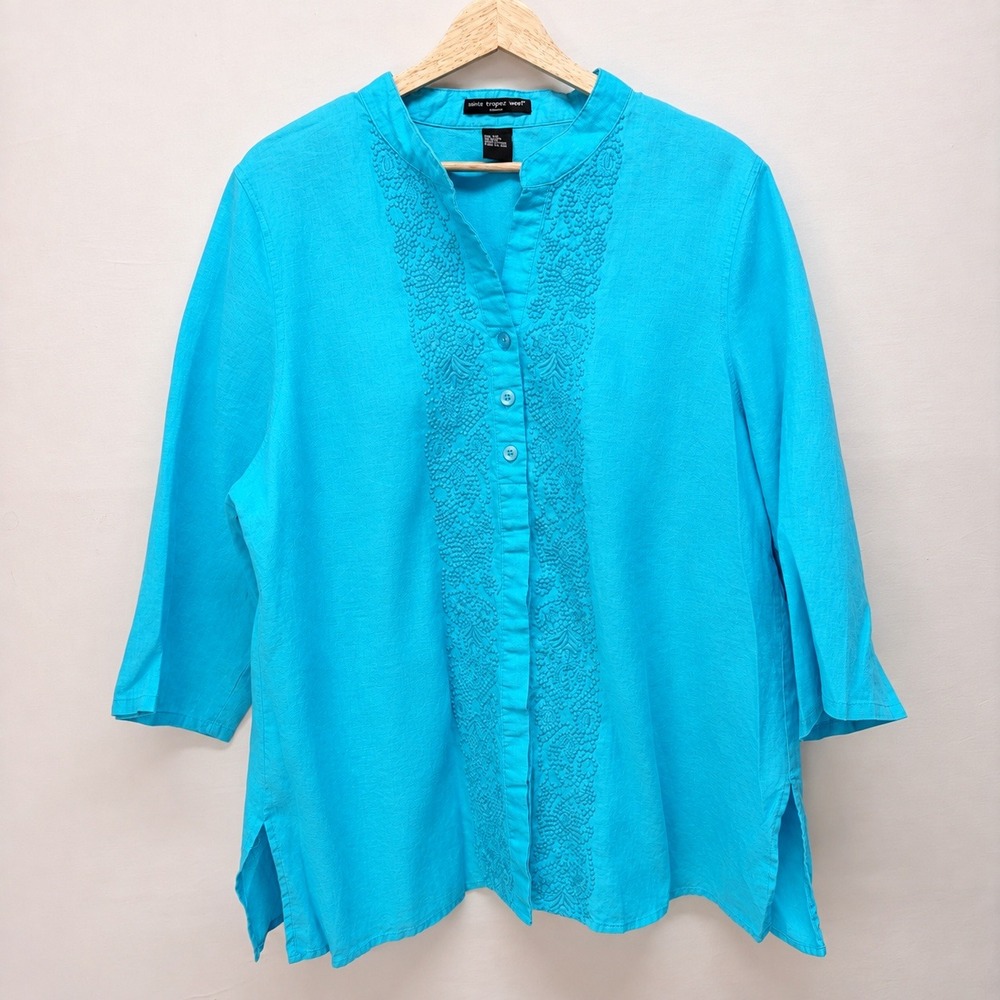 Saint Tropez West 100 Linen Tunic Embroidered Coastal Resortwear Cruelean Blue